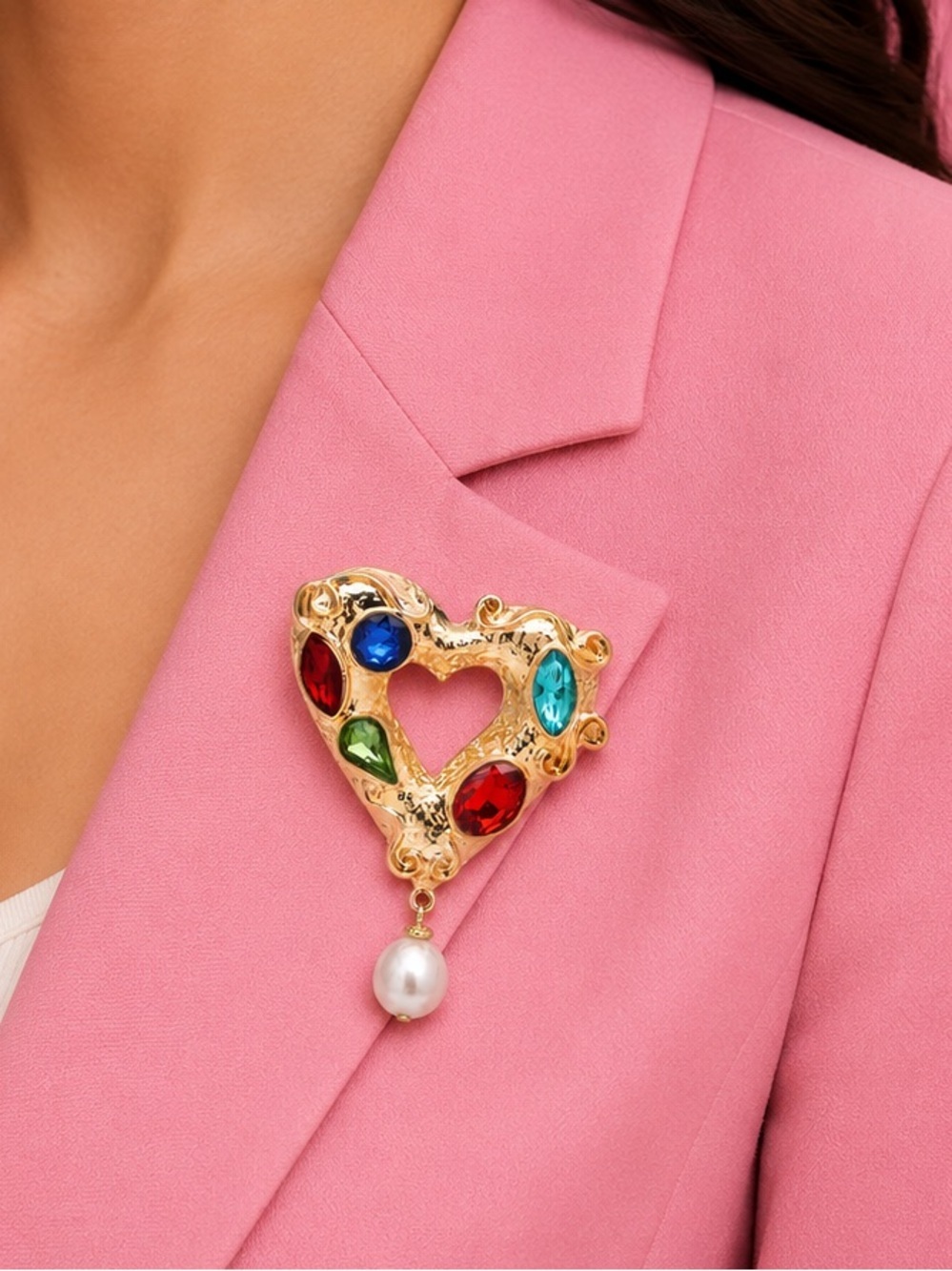 Charming Diamond Heart Gemstone Crystal Brooch